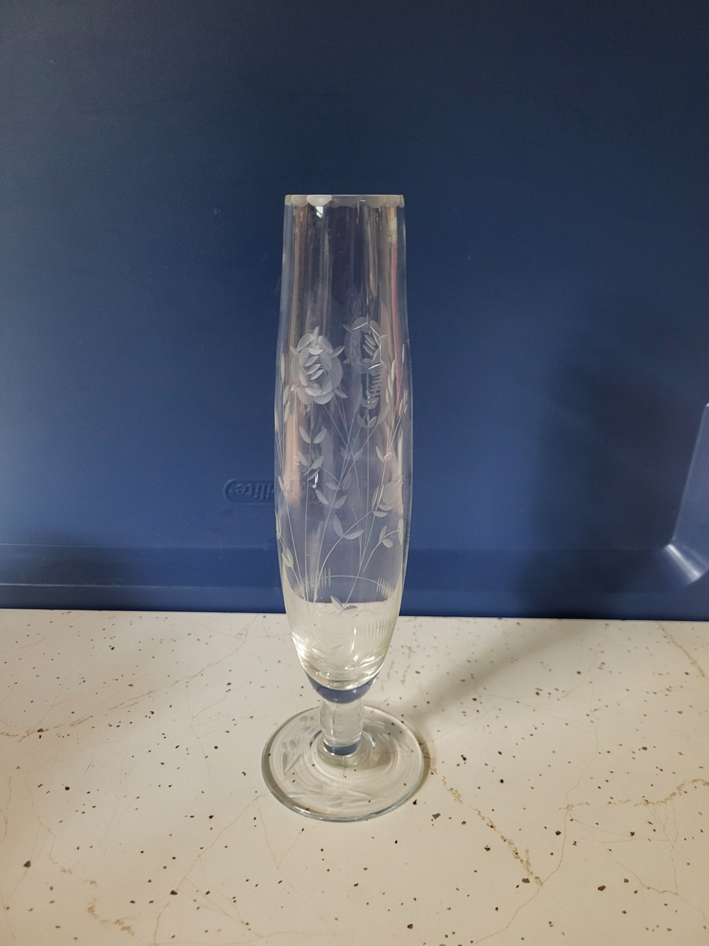 Vintage crystal clear glass bud vase acid etched flowers and edge footed